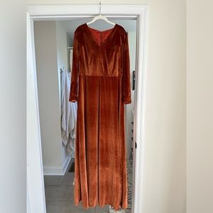 Velvet, copper maxi bridesmaid dress